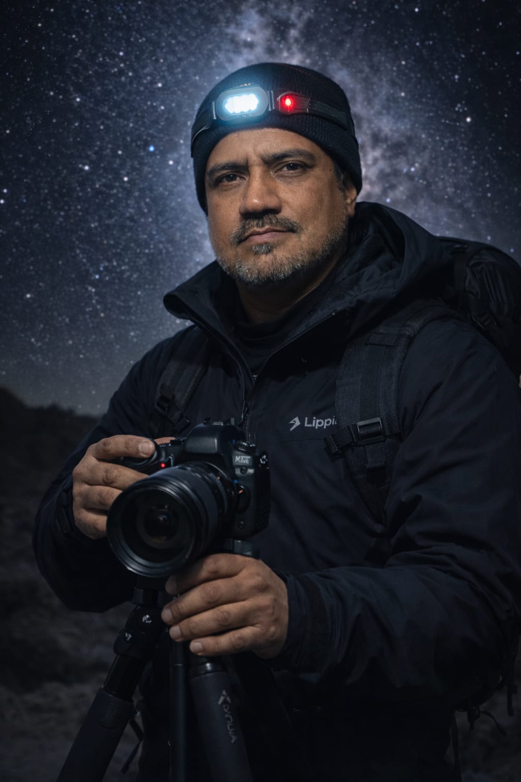 Retrato de Miguel Núñez con su cámara bajo el cielo estrellado