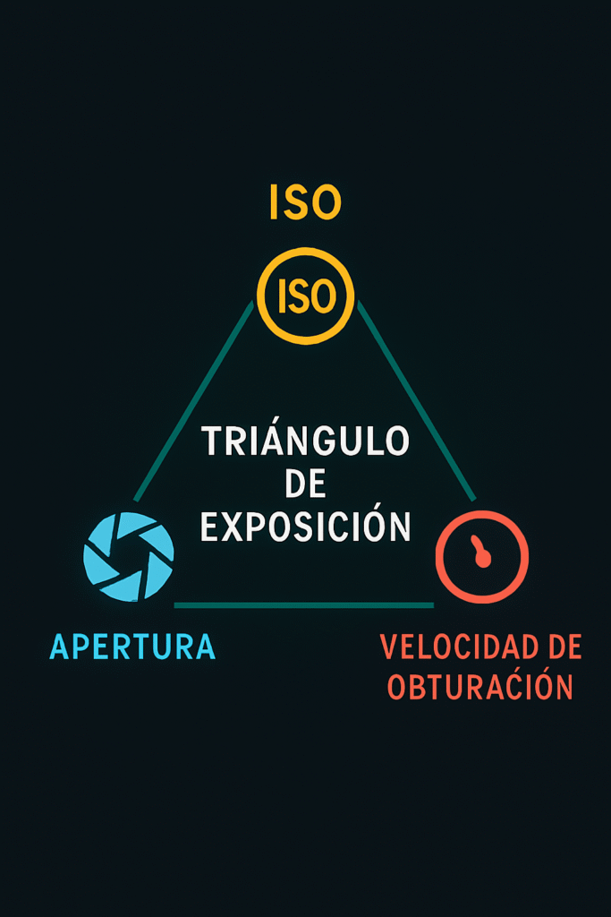 Ilustracion del triangulo de exposicion con ISO, apertura y velocidad de obturacion