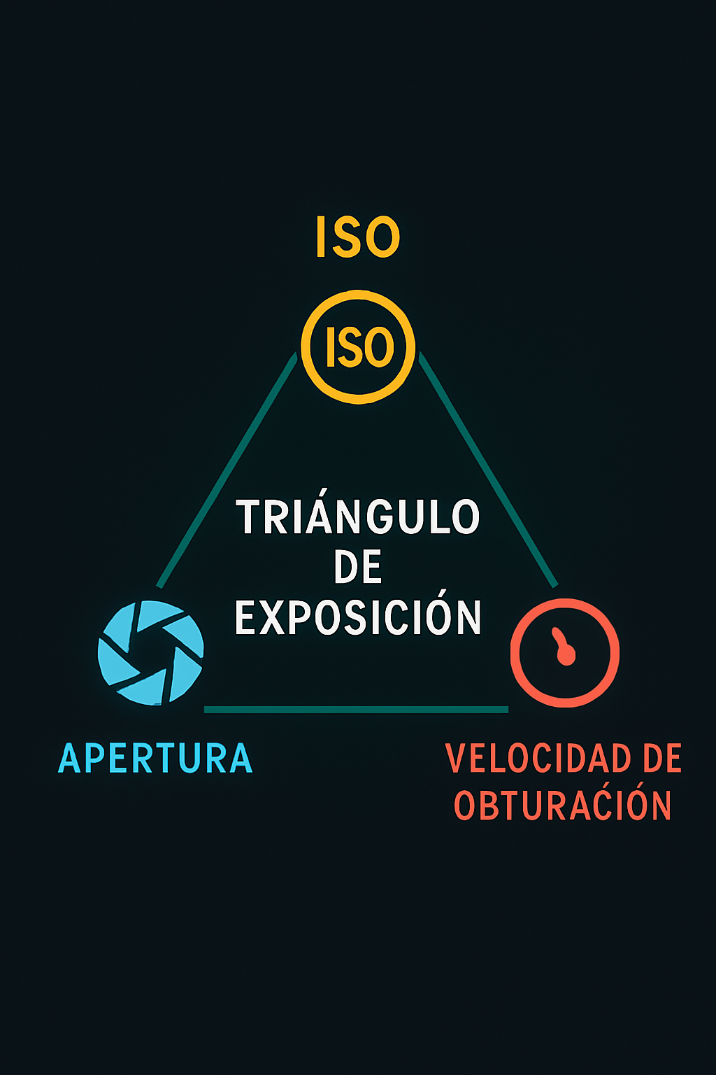 Ilustracion del triangulo de exposicion con ISO, apertura y velocidad de obturacion