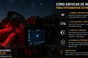 Cómo enfocar de noche para fotografiar estrellas — mano ajustando el anillo de enfoque manual de un lente gran angular