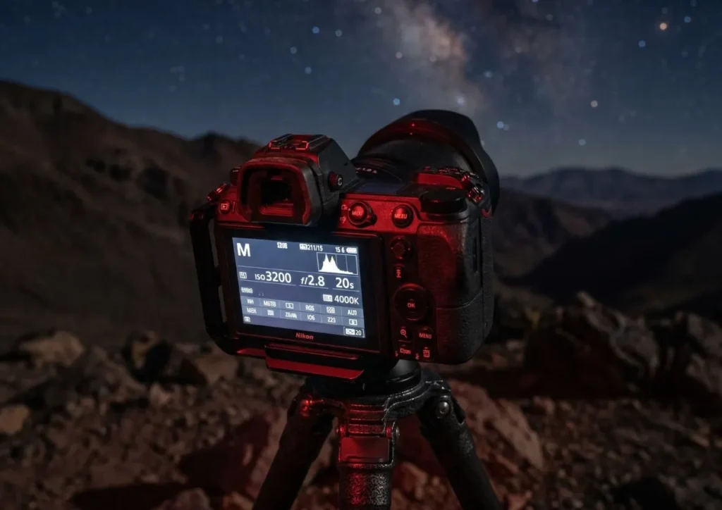Pantalla de cámara con configuración manual para fotografiar la Vía Láctea — ISO, apertura y velocidad de obturación