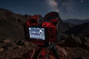 Pantalla de cámara con configuración manual para fotografiar la Vía Láctea — ISO, apertura y velocidad de obturación