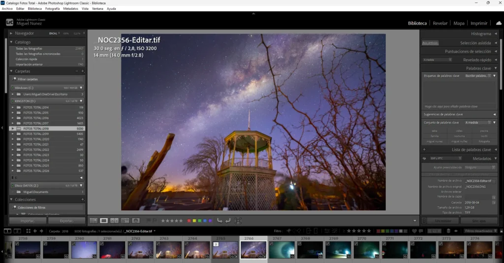 Pantalla de Lightroom con los ajustes de edici&oacute;n para revelar la V&iacute;a L&aacute;ctea &mdash; exposici&oacute;n, contraste y colores