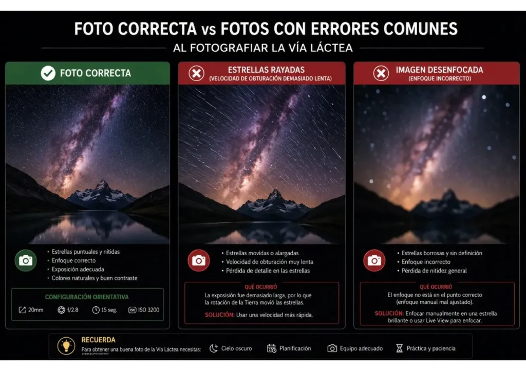 Comparaci&oacute;n de foto correcta vs foto con errores al fotografiar la V&iacute;a L&aacute;ctea &mdash; estrellas movidas, desenfoque, sobreexposici&oacute;n