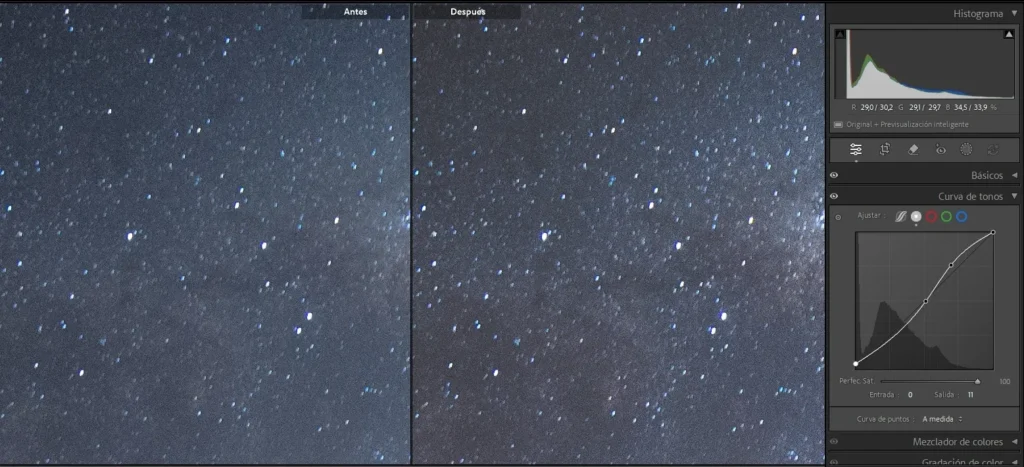 Curva de tonos en Lightroom con el punto de negros levantado para reducción de ruido orgánica en fotografía nocturna