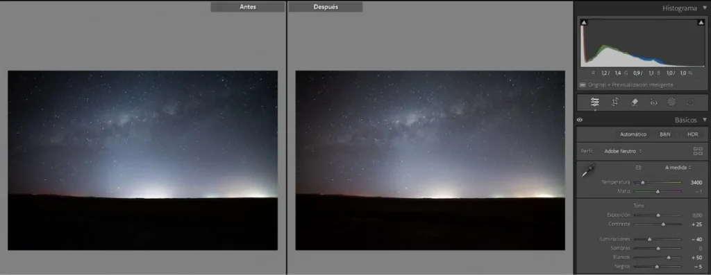 Panel Basic de Lightroom con los valores configurados para revelar la Vía Láctea — contraste, blancos, negros y sombras