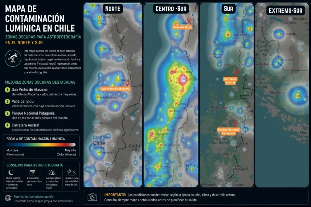 Mapa de contaminaci&oacute;n lum&iacute;nica en Chile &mdash; zonas oscuras para astrofotograf&iacute;a en el norte y sur
