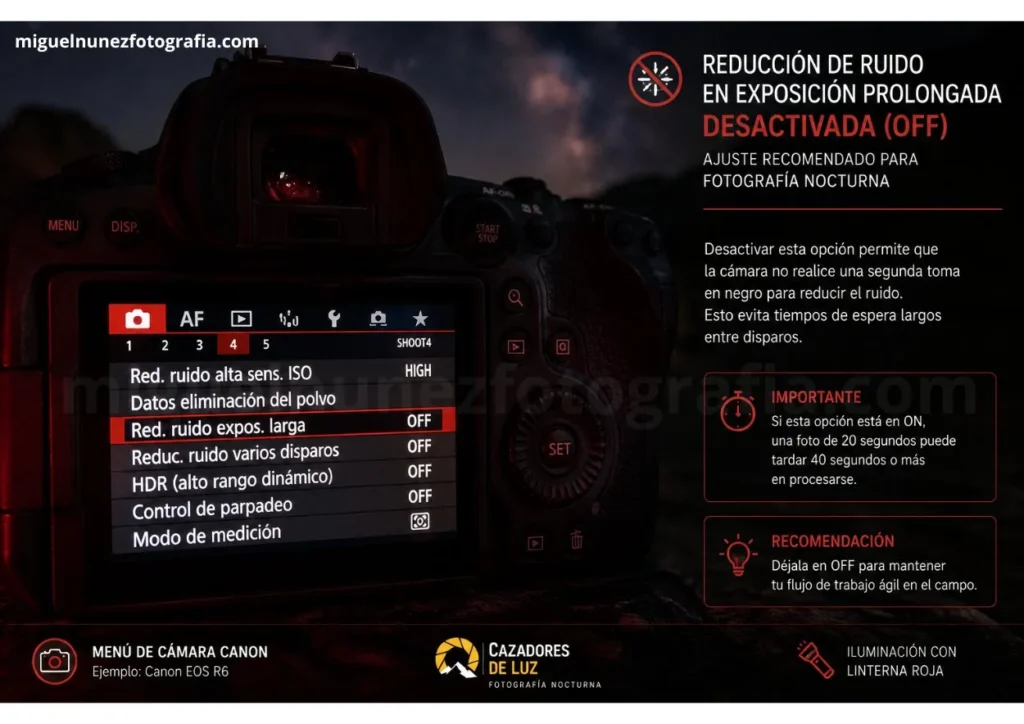 Menú de cámara mostrando la opción de reducción de ruido en exposición prolongada desactivada para fotografía nocturna