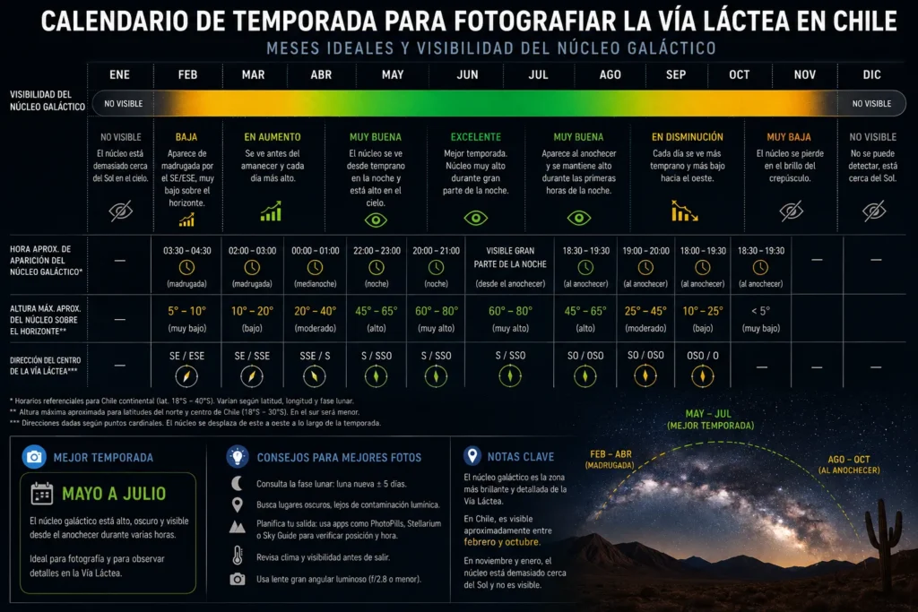 Calendario de temporada para fotografiar la V&iacute;a L&aacute;ctea en Chile &mdash; meses ideales y visibilidad del n&uacute;cleo gal&aacute;ctico
