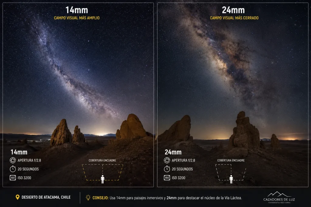 Comparativa campo visual fotografía Vía Láctea con lente 14mm y 24mm desde Atacama