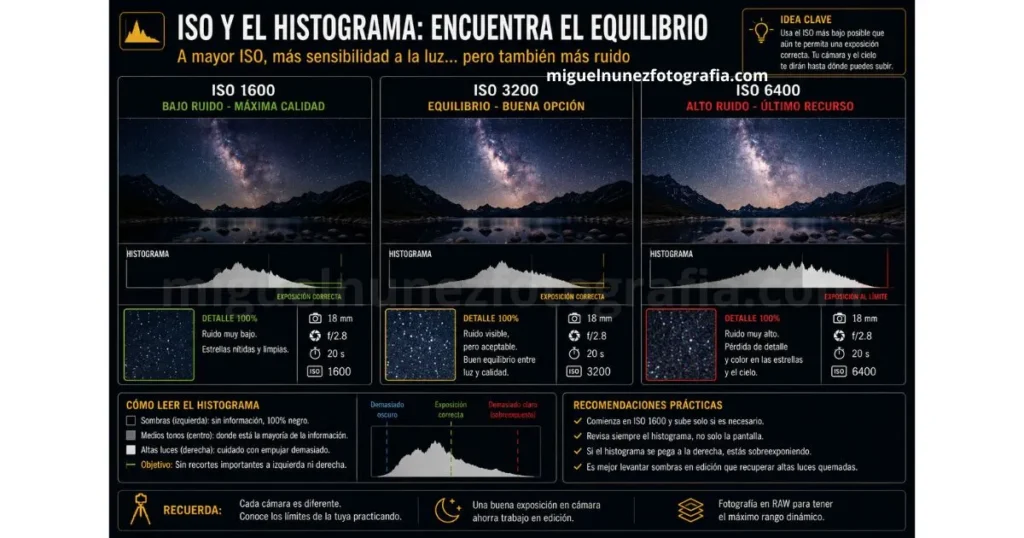 Comparaci&oacute;n de fotograf&iacute;a nocturna en ISO 1600, 3200 y 6400 mostrando ruido progresivo
