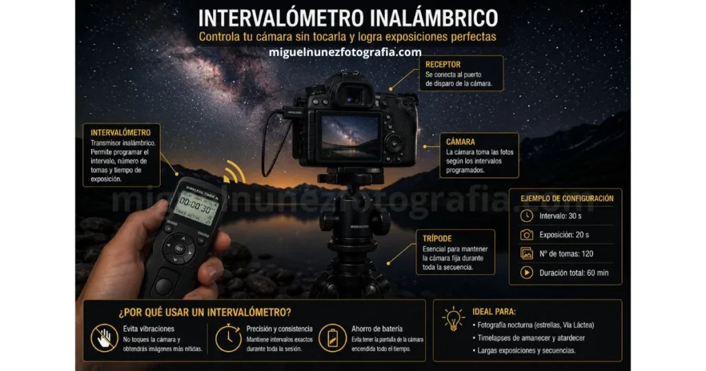 Interval&oacute;metro inal&aacute;mbrico conectado a c&aacute;mara para fotografiar estrellas