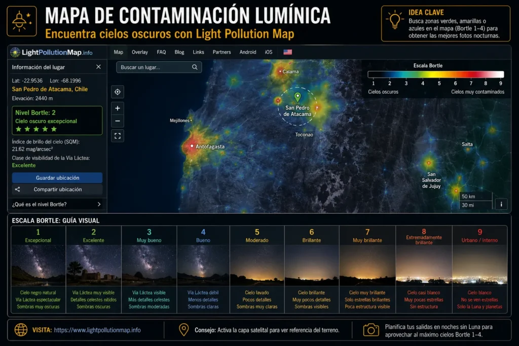 Captura de pantalla de Light Pollution Map mostrando escala Bortle de contaminaci&oacute;n lum&iacute;nica