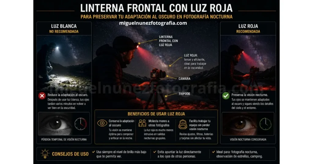 Linterna frontal con luz roja para preservar adaptaci&oacute;n al oscuro en fotograf&iacute;a nocturna