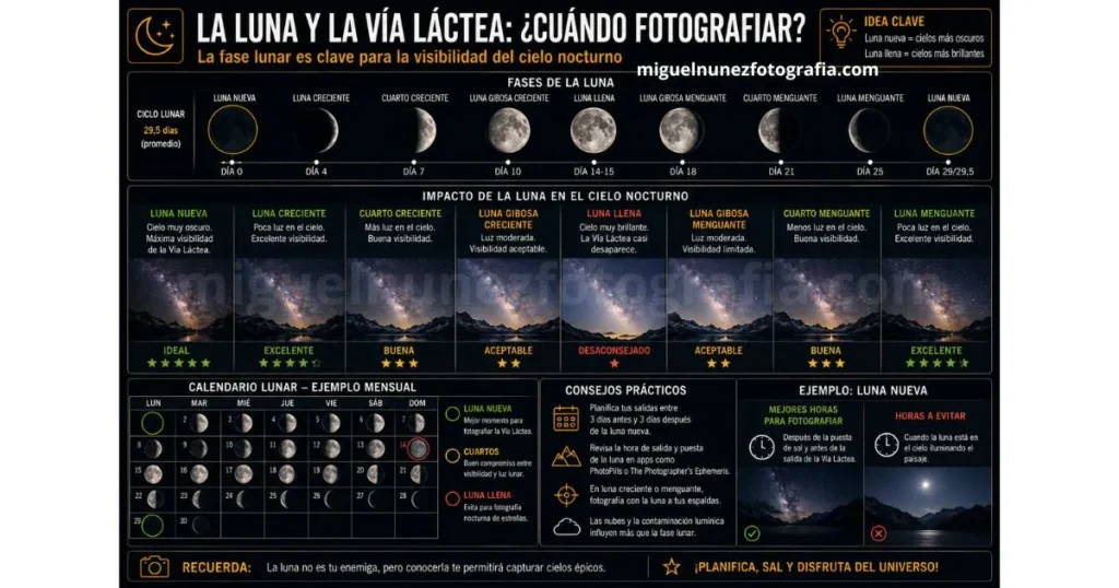 Calendario lunar mostrando fases: mejor astrofotograf&iacute;a en luna nueva